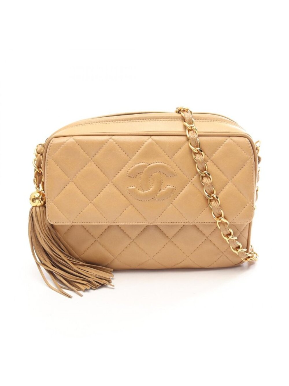 Chanel Shoulder Bag CC Logo Quilted Beige Lambskin Fringe Chain